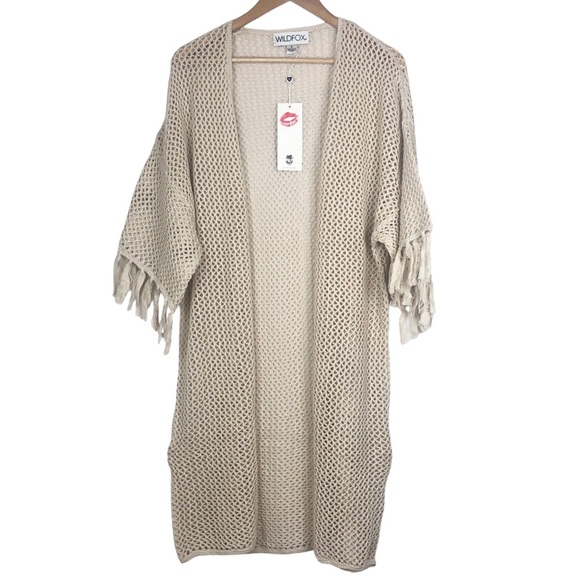 New with tag Wildfox Kelso Fringe Sleeve Cream Crochet Long Kimono Wrap Cardigan - Picture 4 of 16